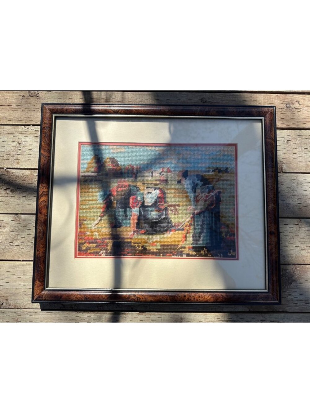 Vintage Needlepoint Picture Framed Matted Farming Homestead Fieldworkers